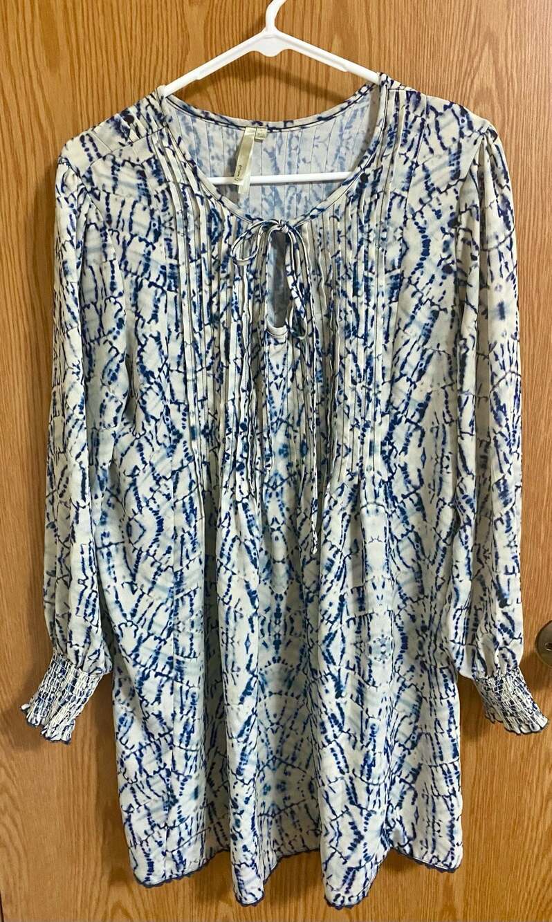 Mono B Blue Tie Dye Shirred Chiffon Tunic Dress with Long Sleeves Size M KD8737